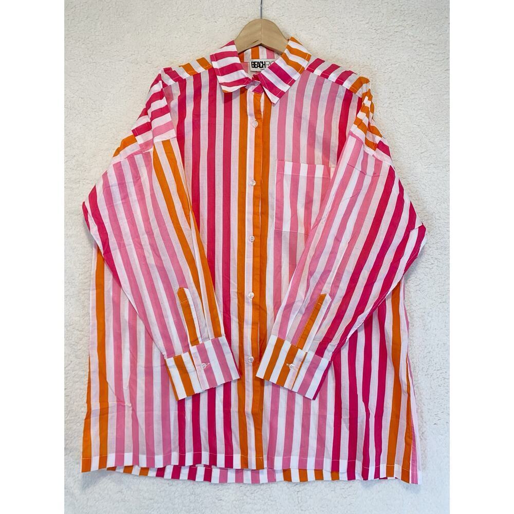 Beach Riot Cotton Button Down Blouse Cover Up Striped Size L/XL Boxy Fit